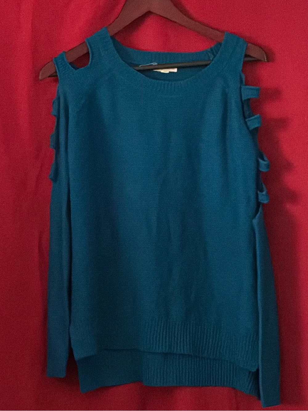 Zenana Outfitters Teal Cold-Shoulder Sweater with Side Bow Straps